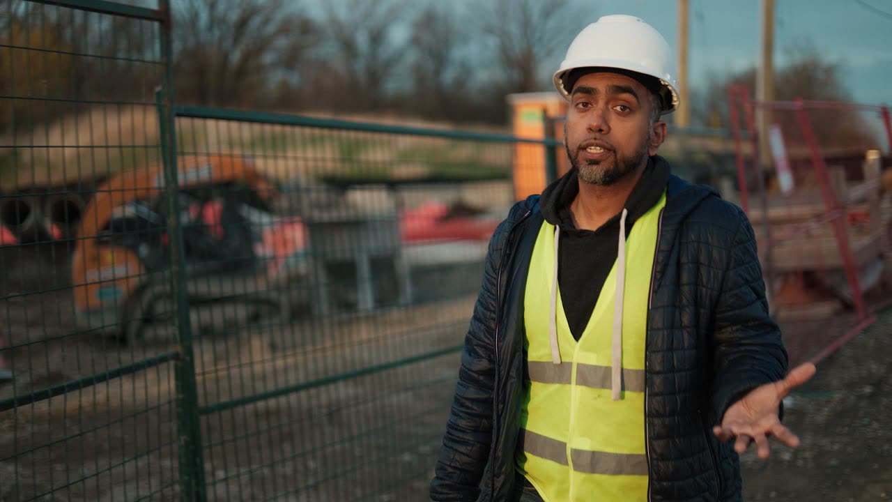 Shabeeb on a fenced construction site, in a hard hat and hi-vis, speaking to camera in the S5L promo film