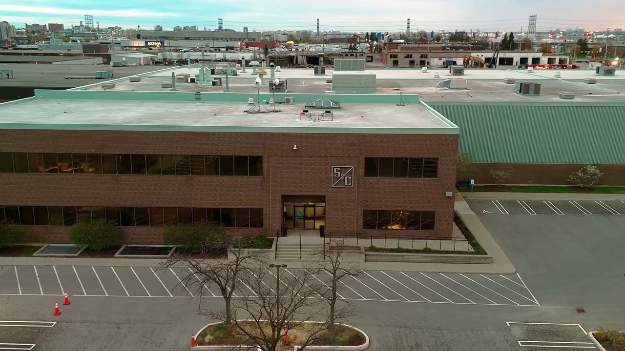 Aerial view of the S&C Electric Canada plant in Toronto, the opening shot of its brand film