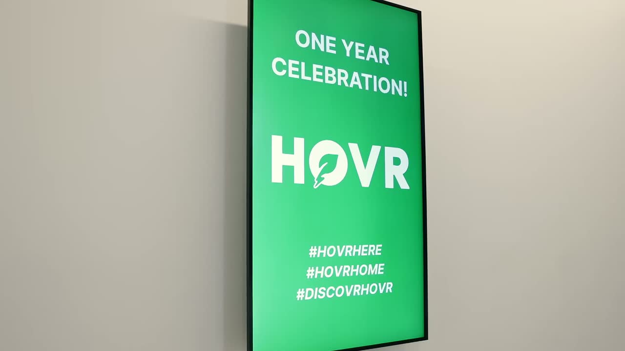 A screen in the HOVR space showing their one year celebration