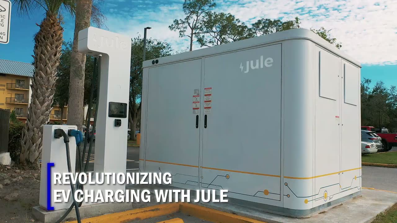 Title card reading Revolutionizing EV Charging with Jule, next to an installed Jule charging unit